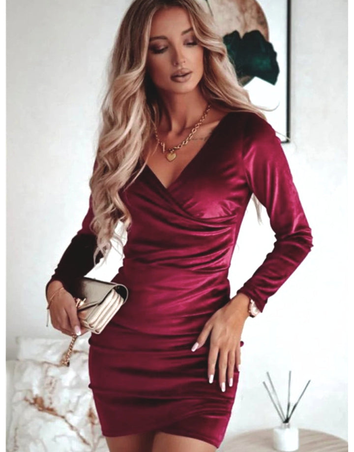 Elegant women's V-neck wrap mini evening dress with long sleeves. Ideal for formal events & parties.