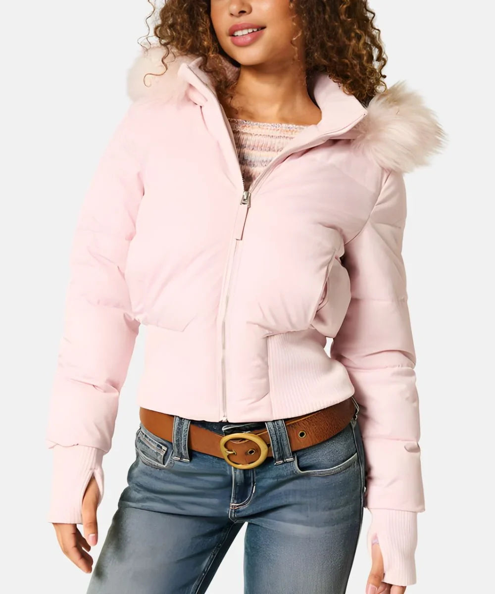 Women's hooded quilted jacket, excellent warmth, with a cozy faux fur detail.
