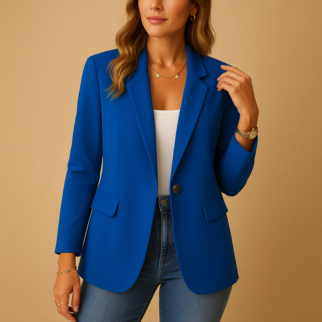 Chic women's tailored single-breasted blazer, a must-have elegant jacket for professional settings.