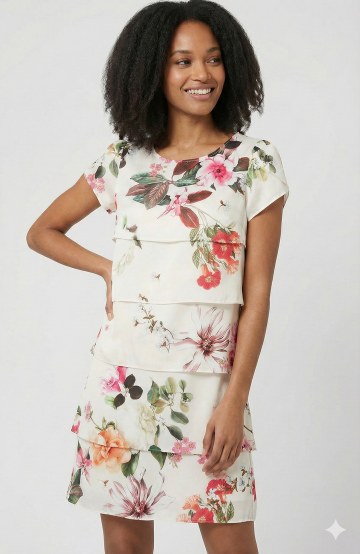 Effortless women's floral summer midi dress, a stylish tiered design for parties, spring fashion, or vacation.