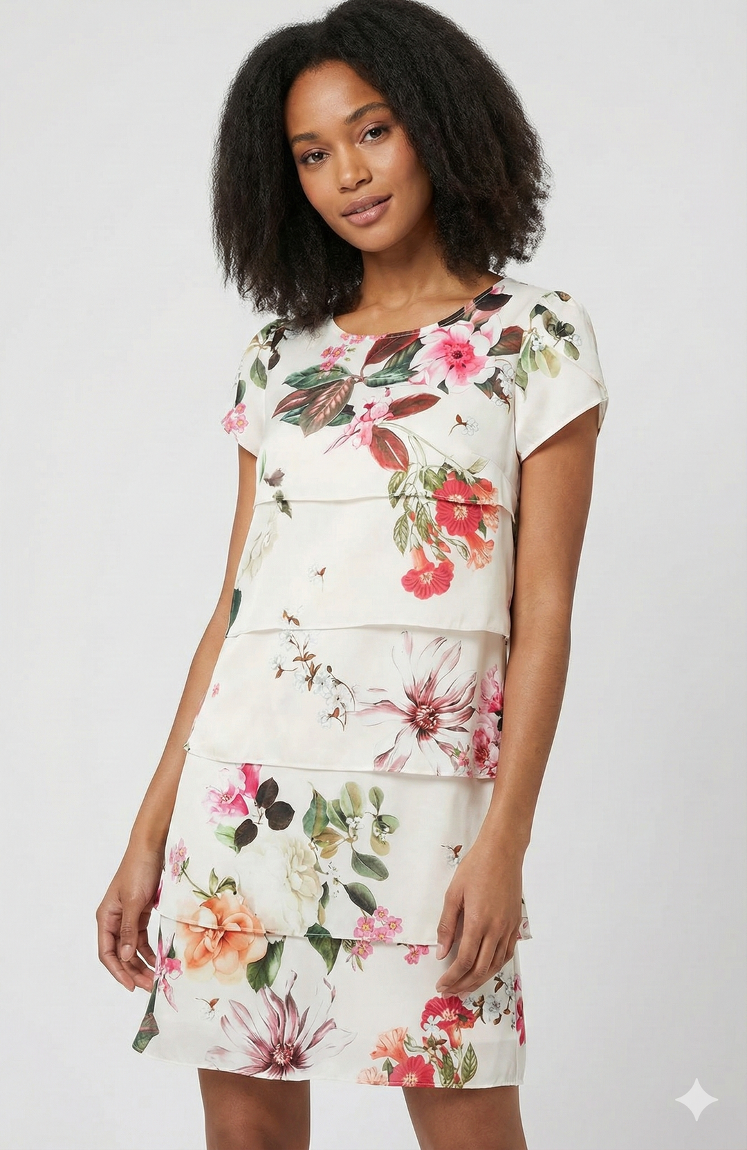 Women's floral tiered midi summer dress with V-neck, perfect for casual outings or elegant vacation wear.