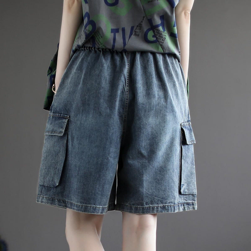 Chic women's wide leg cargo jorts with utility pockets. Baggy denim shorts for comfortable casual wear.