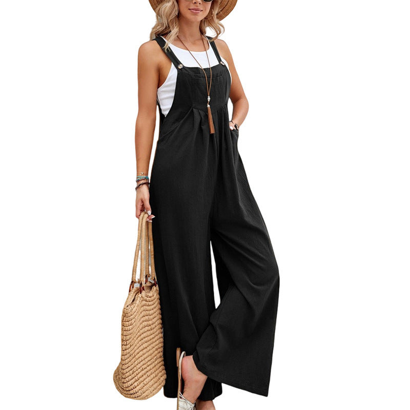 Versatile women's wide leg dungaree jumpsuit. Relaxed fit & casual style for summer fashion.
