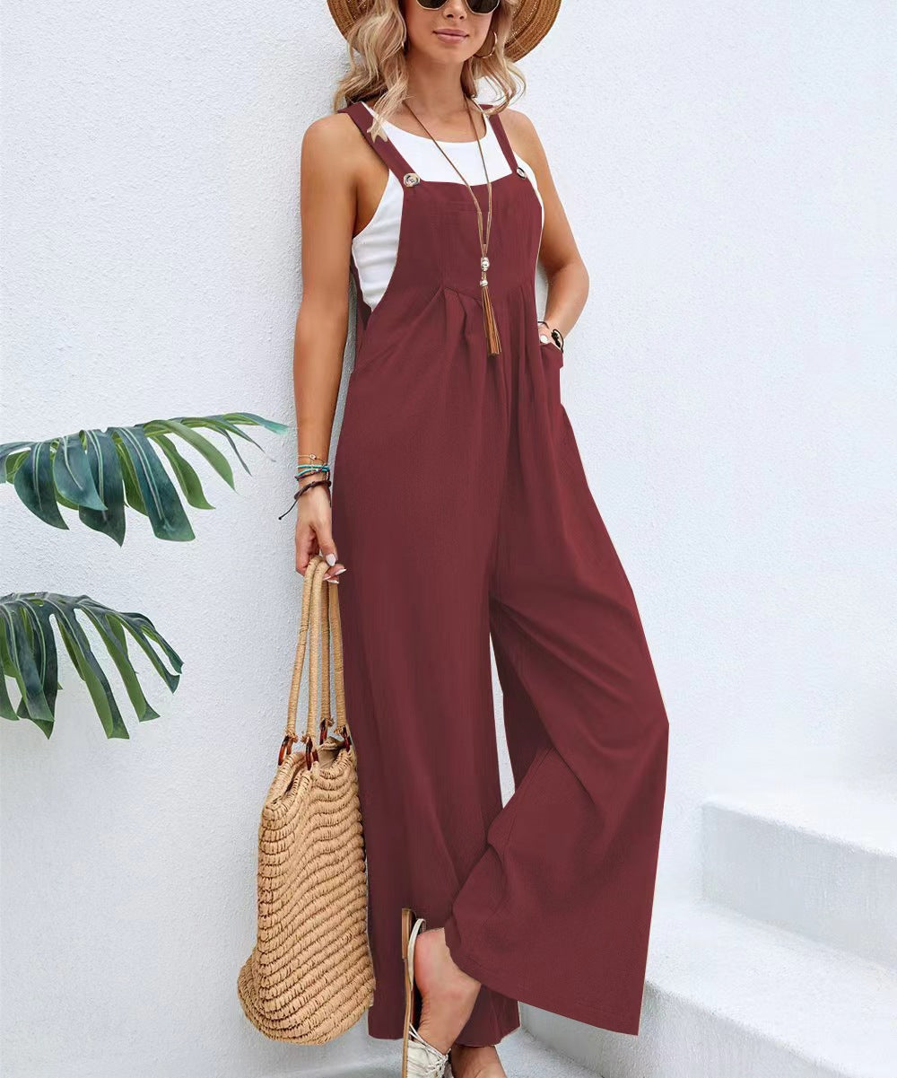 Women's wide leg dungaree jumpsuit. Casual sleeveless design for effortless summer style.