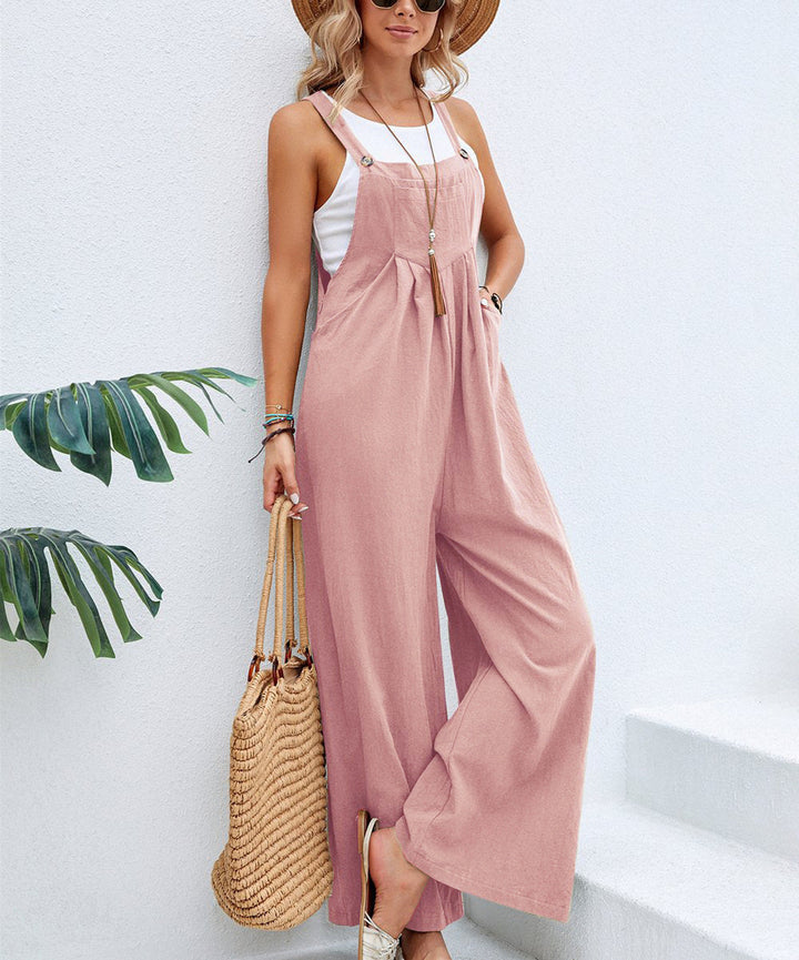 Sleeveless wide leg dungaree jumpsuit for women. Effortless casual summer style & easy wear.