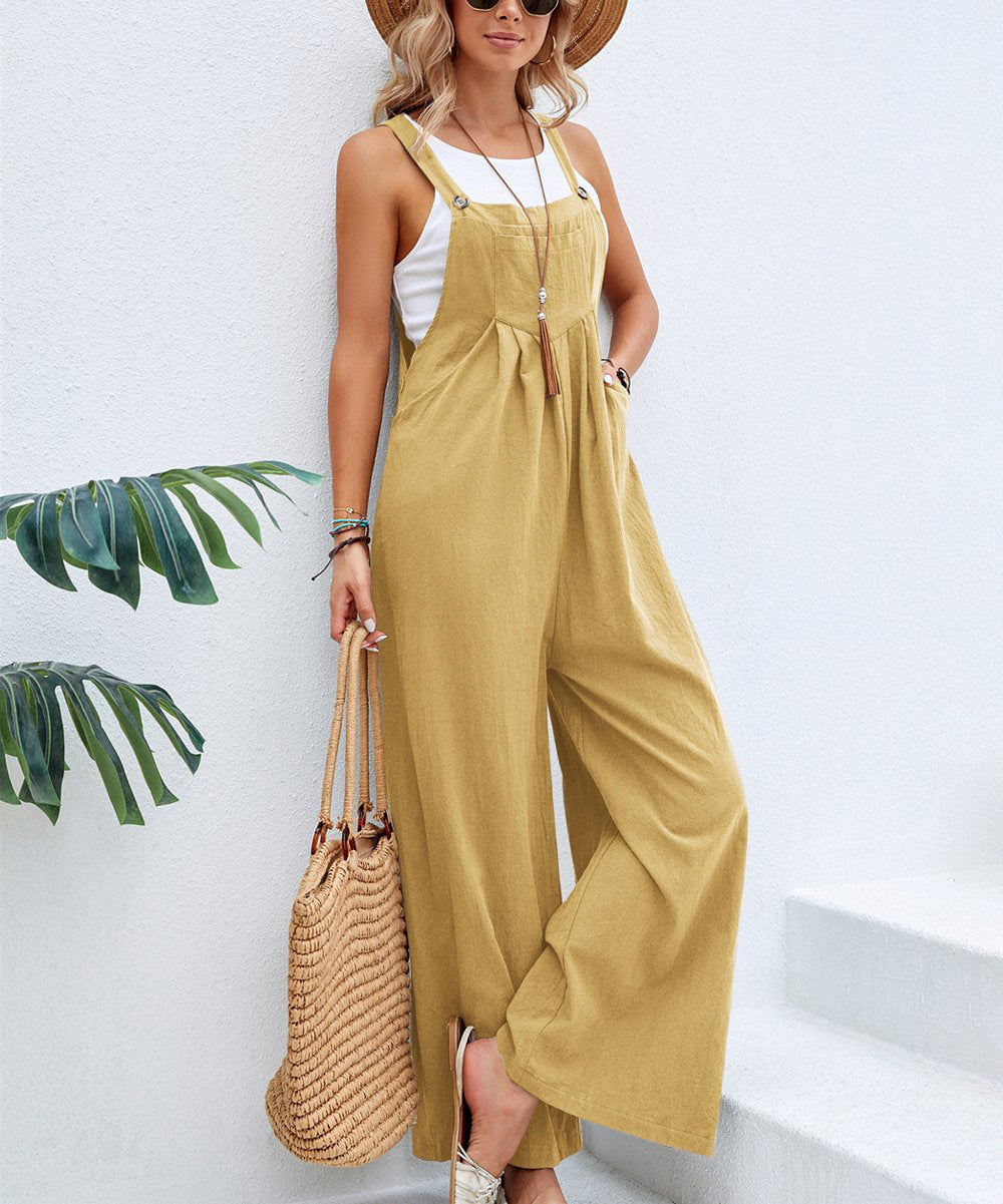 Women's casual dungaree jumpsuit with wide legs. Perfect sleeveless romper for summer.