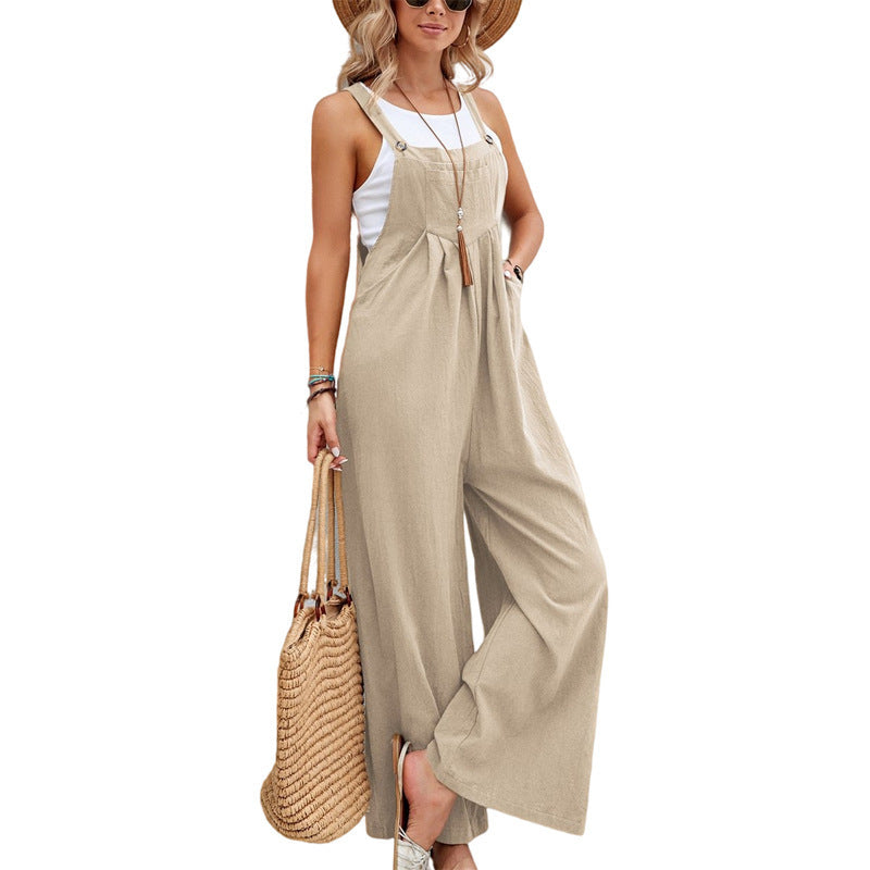 Chic women's wide leg jumpsuit. Casual dungaree style, perfect for relaxed summer fashion.