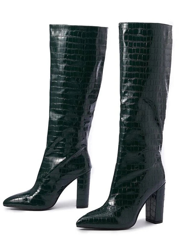 Elegant women's black pointed toe knee high boots with sturdy block heel. Perfect for fall fashion & winter style.