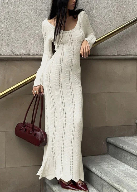 White long sleeve scoop neck bodycon maxi dress for women, elegant knit occasion wear, flattering silhouette.