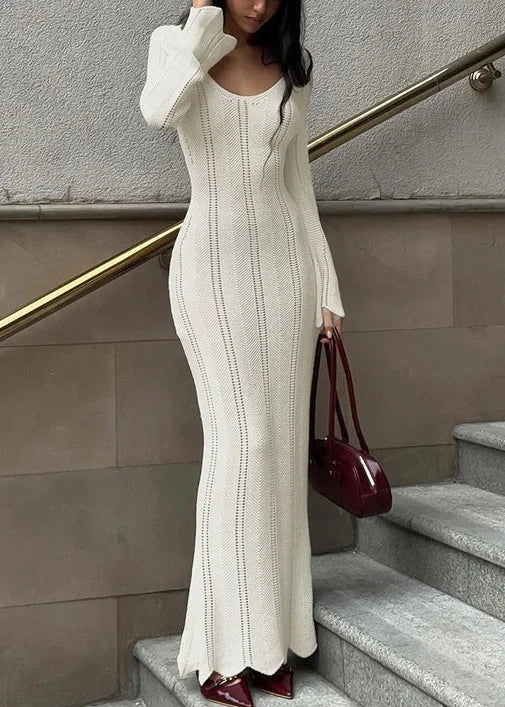 Elegant white knit bodycon maxi dress for women with long sleeves and scoop neck, perfect for evening occasions.