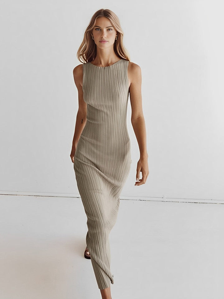 Women's black ribbed knit midi sleeveless dress, perfect for effortless casual style in summer or spring.
