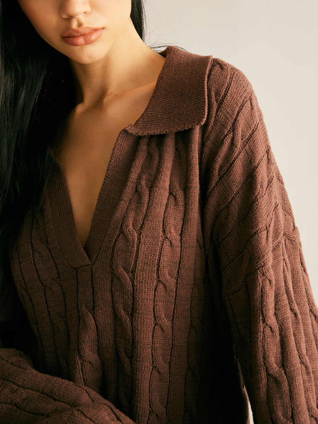 Cozy women's cable knit sweater with a collared V-neck. Ideal brown knitted jumper for fall & winter style.