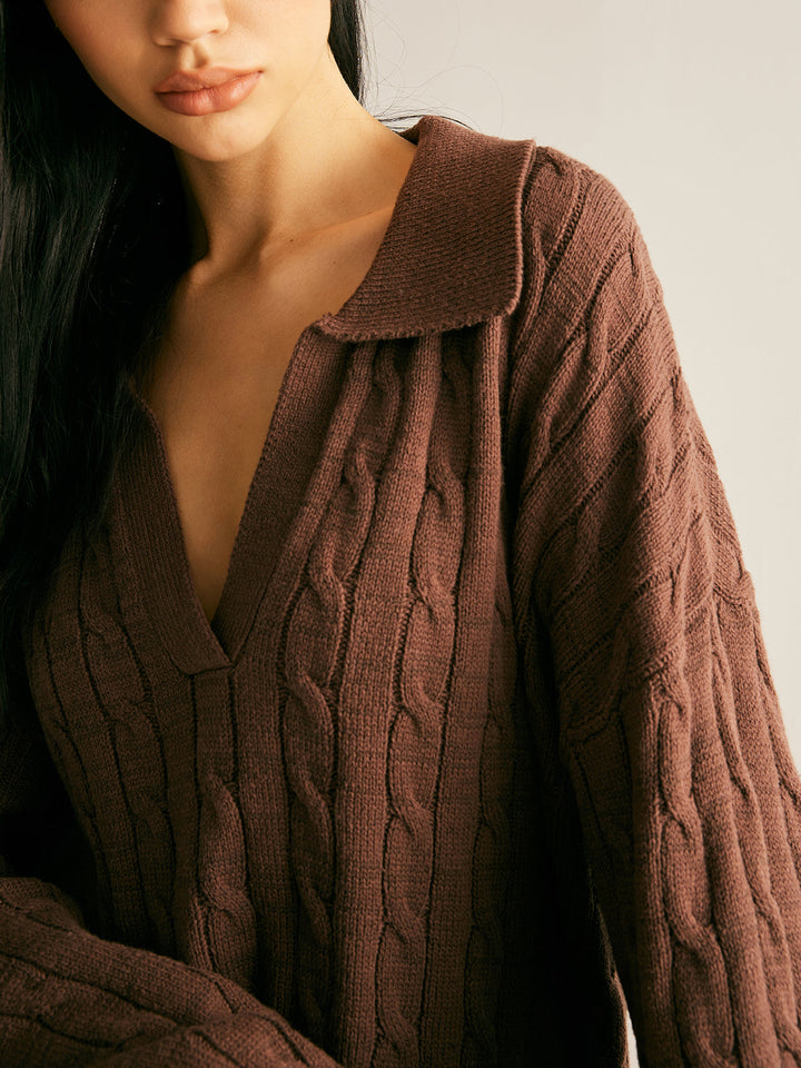 Cozy women's cable knit sweater with a collared V-neck. Ideal brown knitted jumper for fall & winter style.