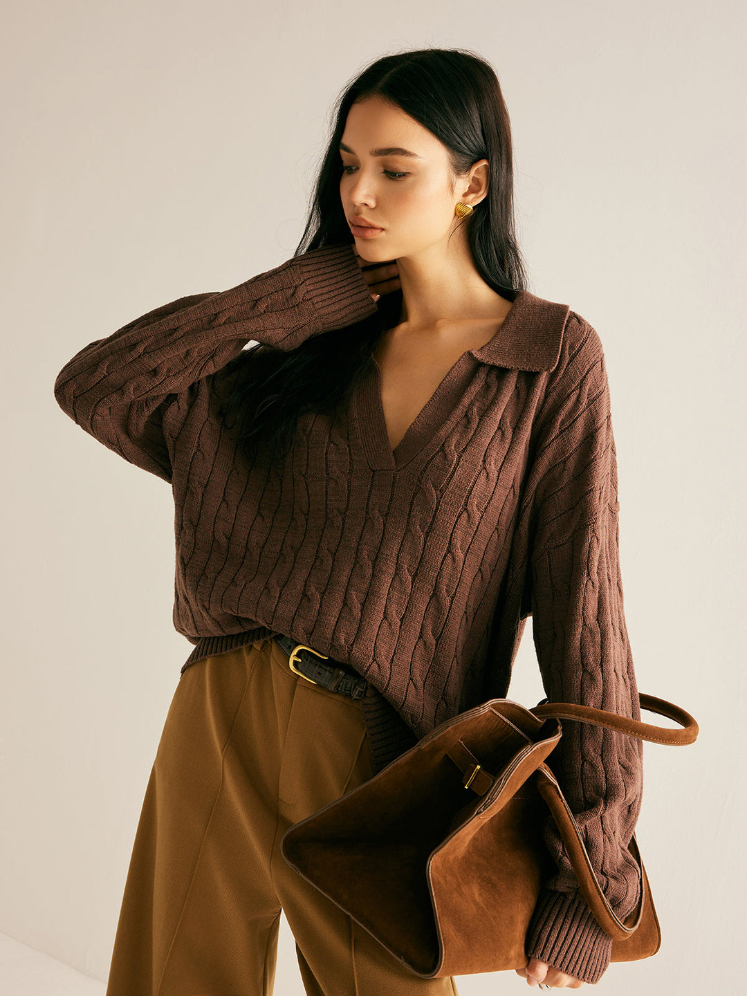 Women's brown cable knit jumper with collared V-neck. Perfect elegant smart casual fall & winter fashion.