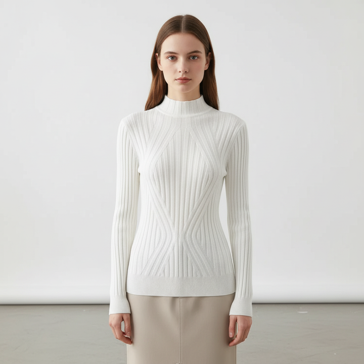 Women's knitted high neck jumper with a chic ribbed texture and slim fit design. Modern sweater for any occasion.