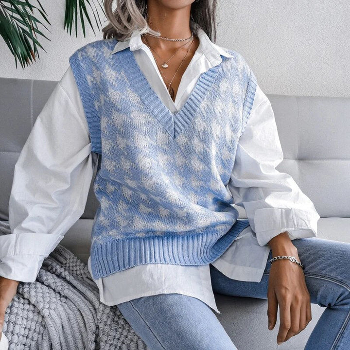 Stylish women's V-neck houndstooth sweater vest for office wear or chic casual layering.