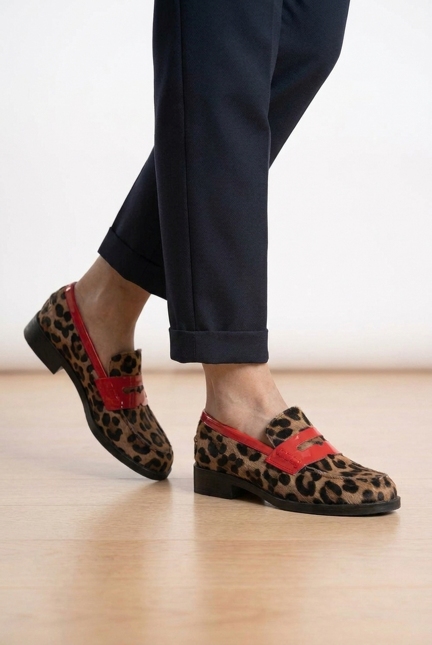 Chunky sole leopard print platform loafers for women. Statement slip-on shoes with a classic penny strap for bold style.