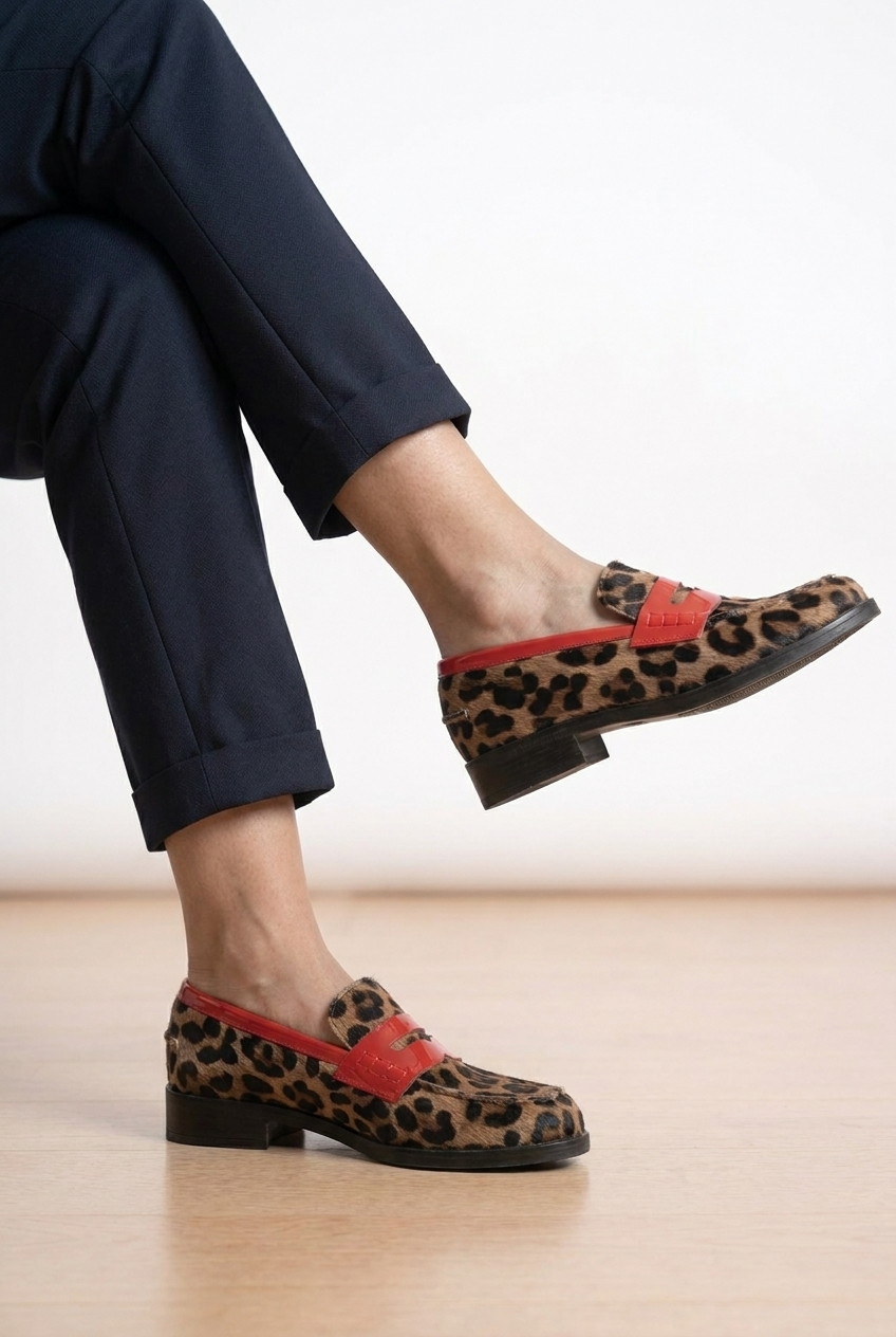 Casual women's leopard print platform loafers. Comfortable slip-on penny loafers with a chunky sole for everyday fashion.