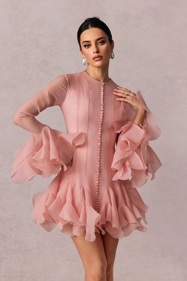 Elegant women's long sleeve ruffle mini dress, ideal as a party, cocktail, or wedding guest dress.
