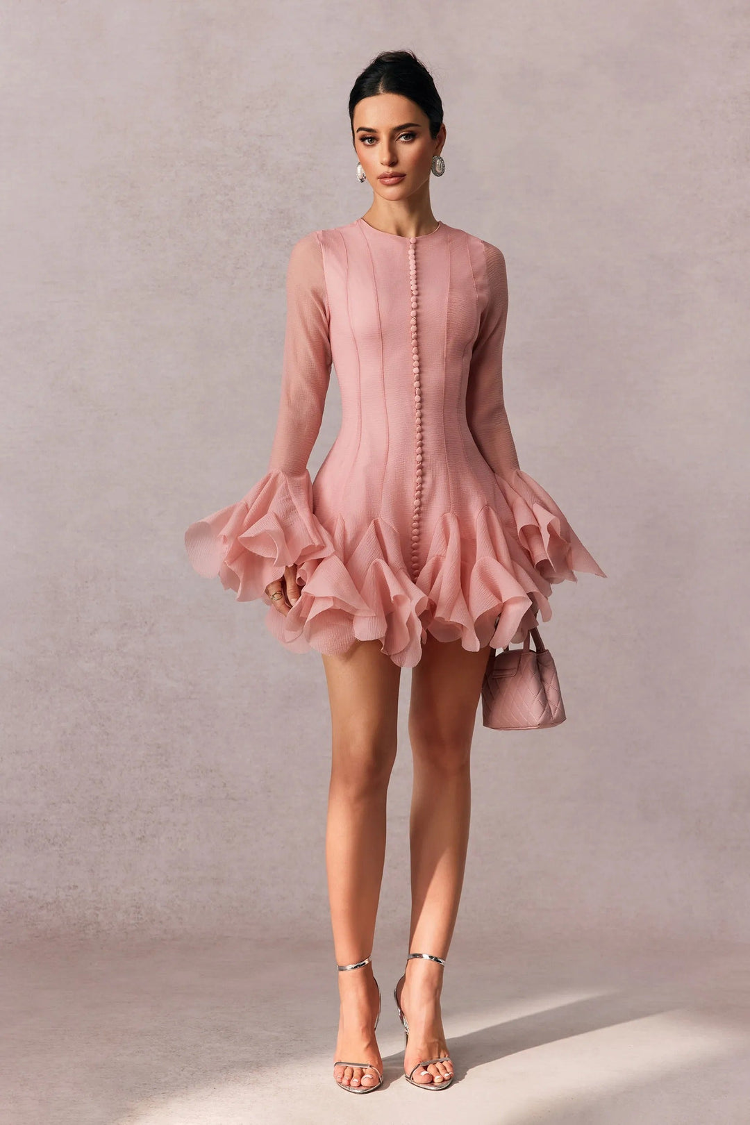 Comfortable women's ruffle mini dress with long sleeves, a stylish choice for your next cocktail party.