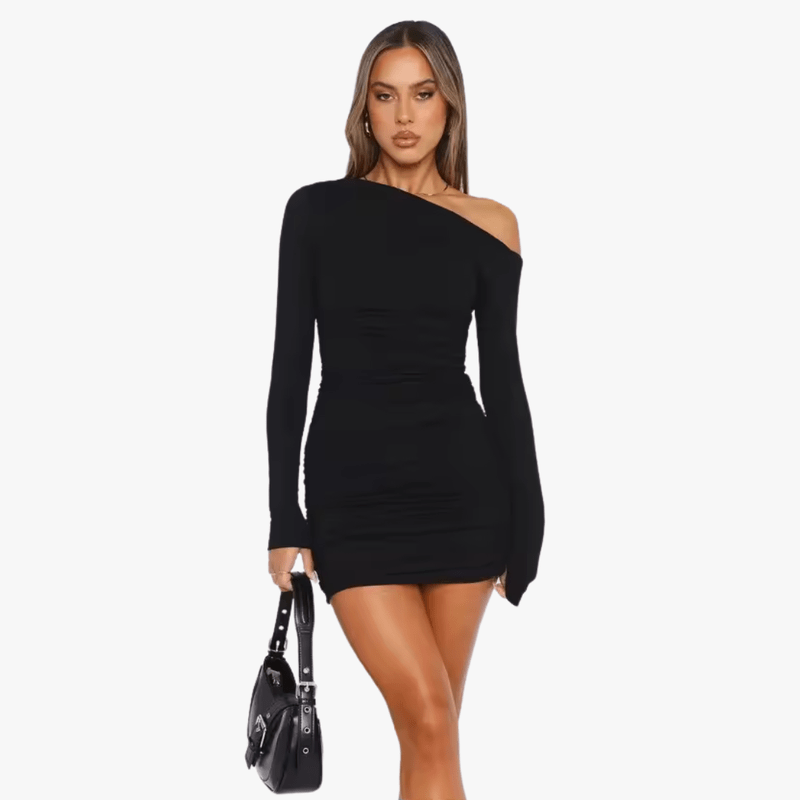 Women's elegant black one-shoulder long sleeve mini dress, a stylish bodycon party or cocktail dress.