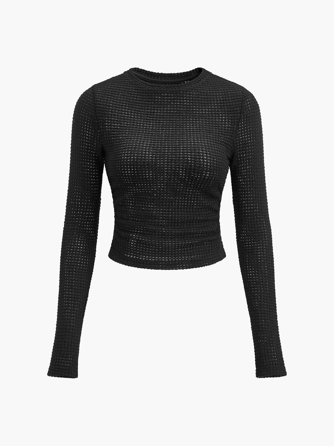 Elegant women's textured long sleeve top, featuring a timeless crew neck design.