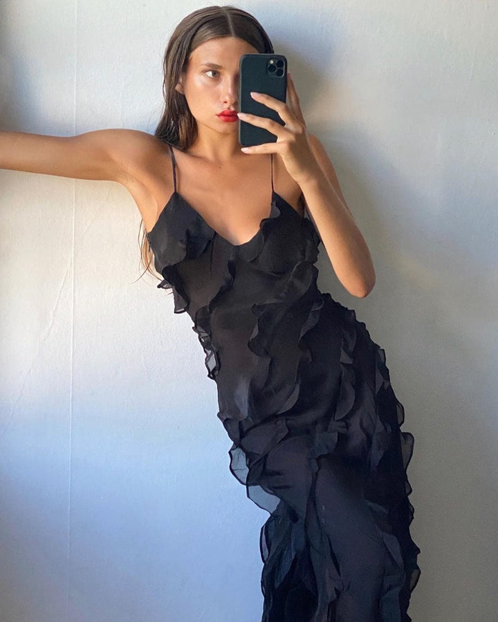 Graceful women's party dress, a ruffled spaghetti strap maxi gown for special occasions & formal evenings.