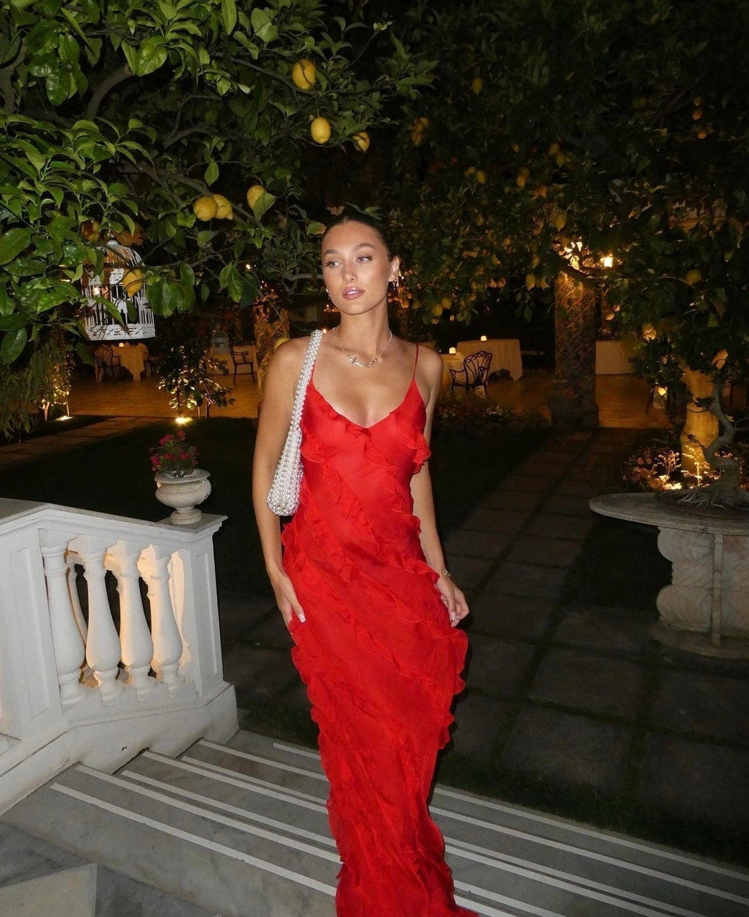 Elegant women's ruffle spaghetti strap maxi dress, perfect for evening occasions & formal events.