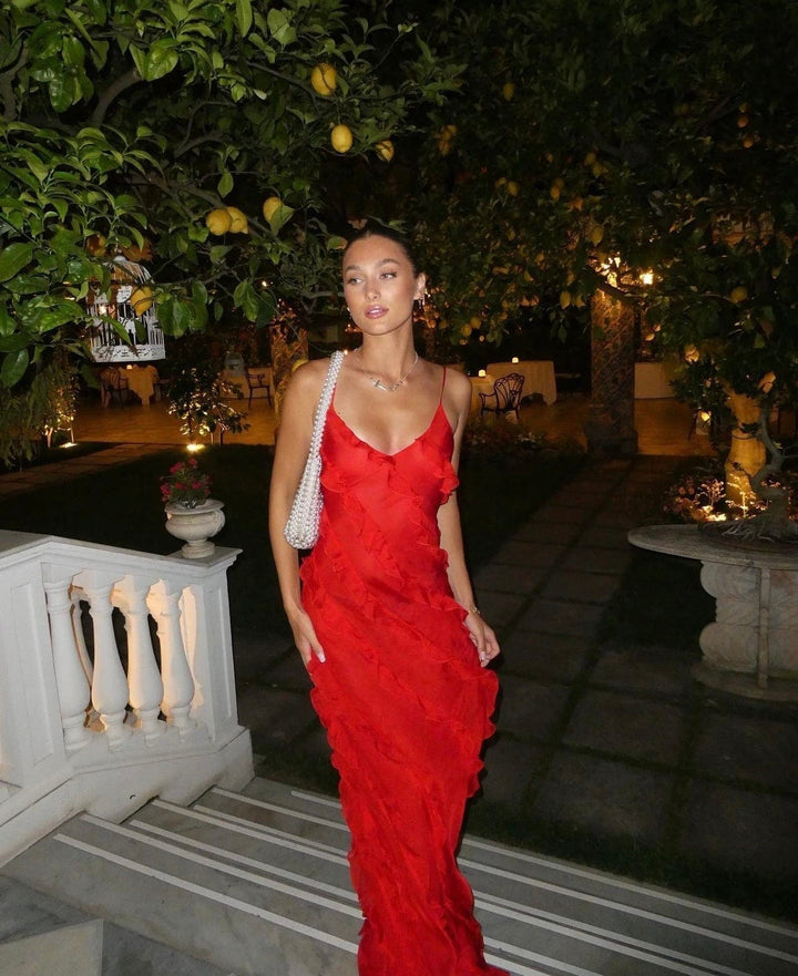 Elegant women's ruffle spaghetti strap maxi dress, perfect for evening occasions & formal events.