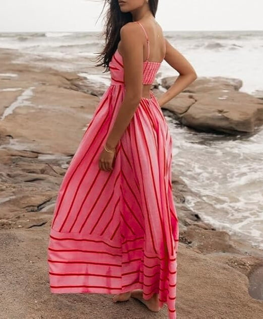 Stylish women's striped maxi dress with sleeveless design & open back for elegant summer fashion & vacation.