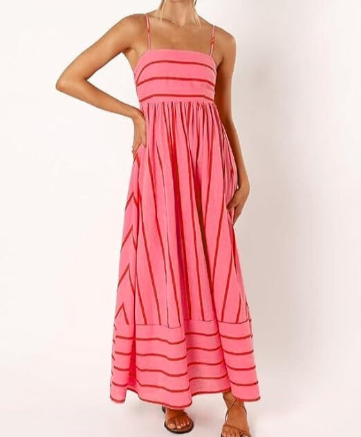 Flowy pink striped maxi dress for women. Ideal sleeveless summer style, casual beach wear or vacation outfit.