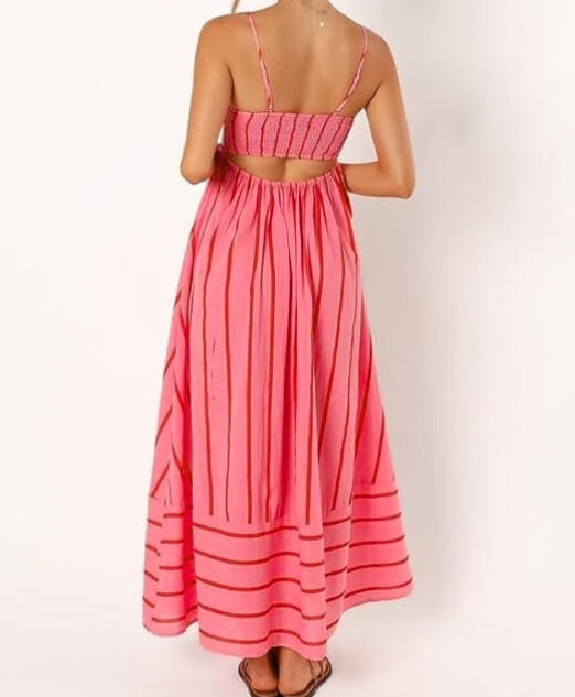 Elegant women's sleeveless striped maxi dress in pink, featuring an open back, ideal for summer casual & vacation.