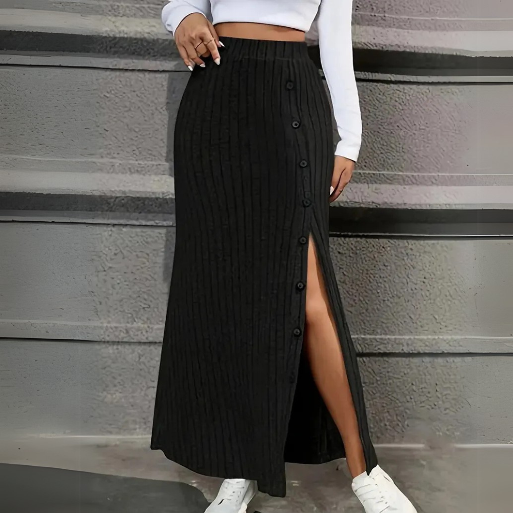 Women's long fitted maxi skirt with elegant side slit, perfect for chic fashion & versatile styling.
