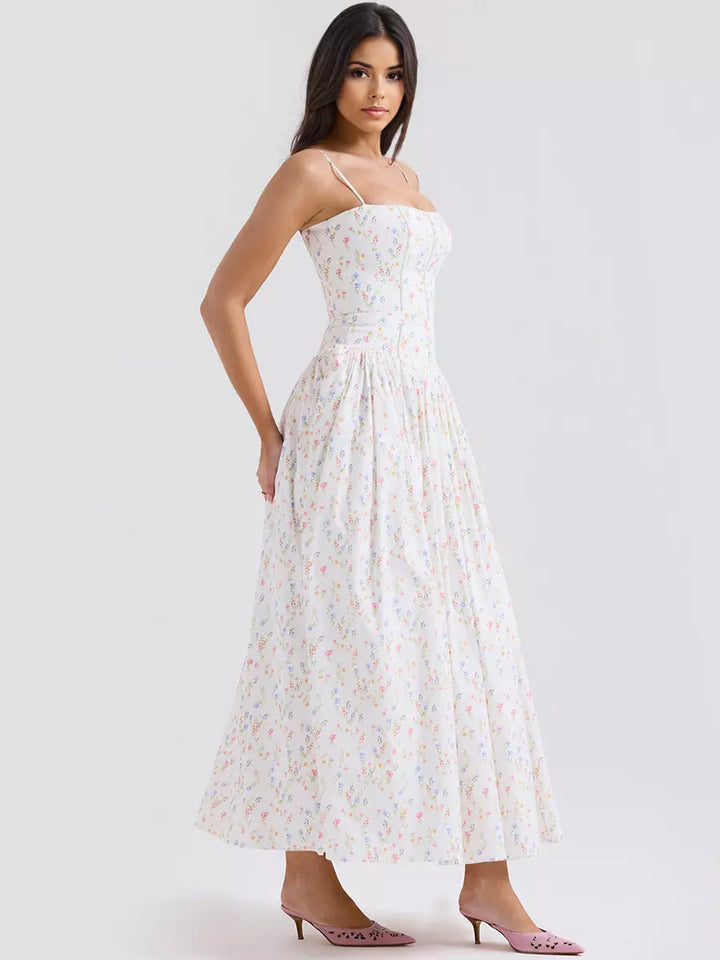 Chic women's floral midi dress with corset bodice, ideal for cocktail parties & special occasions.