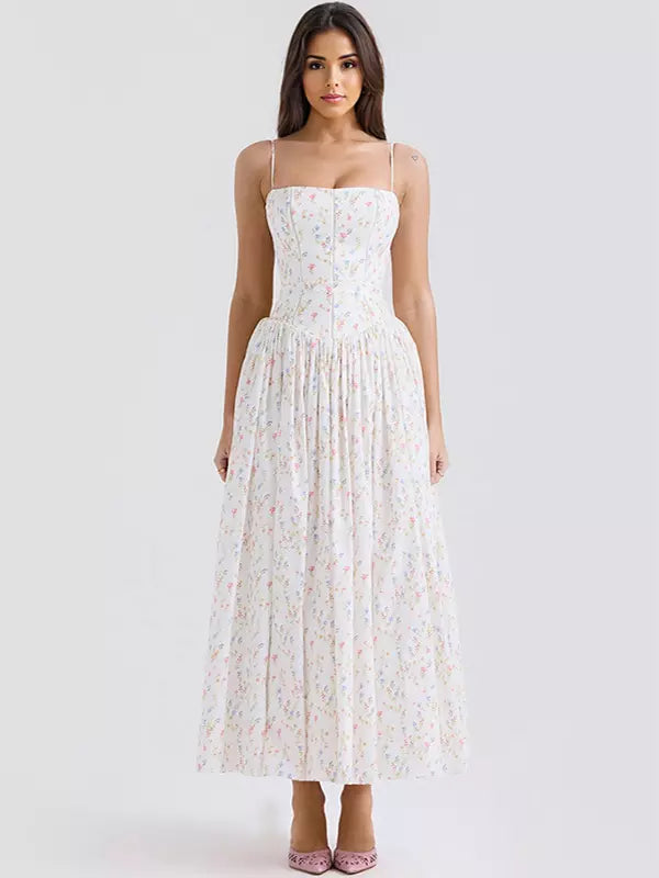 Stunning floral midi dress for women with an elegant corset, suitable for parties & formal events.