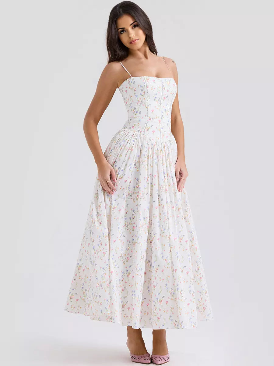 Women's elegant floral corset midi dress, a stylish choice for wedding guests & special occasions.