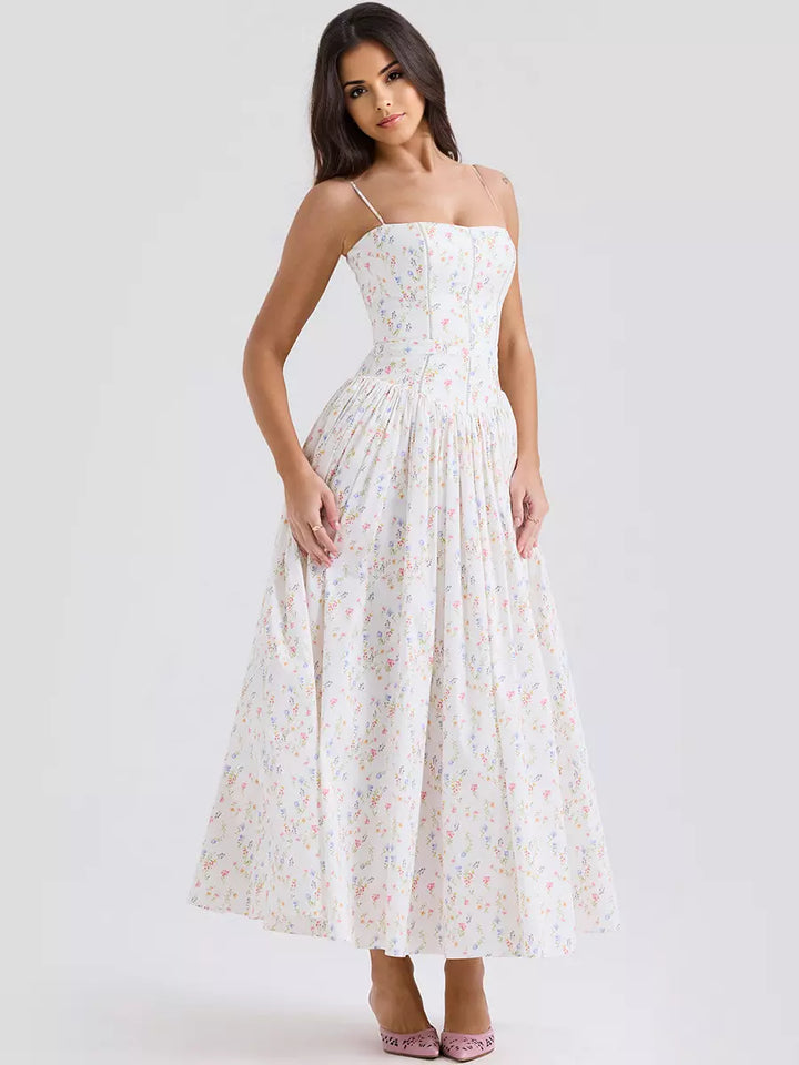 Women's elegant floral corset midi dress, a stylish choice for wedding guests & special occasions.