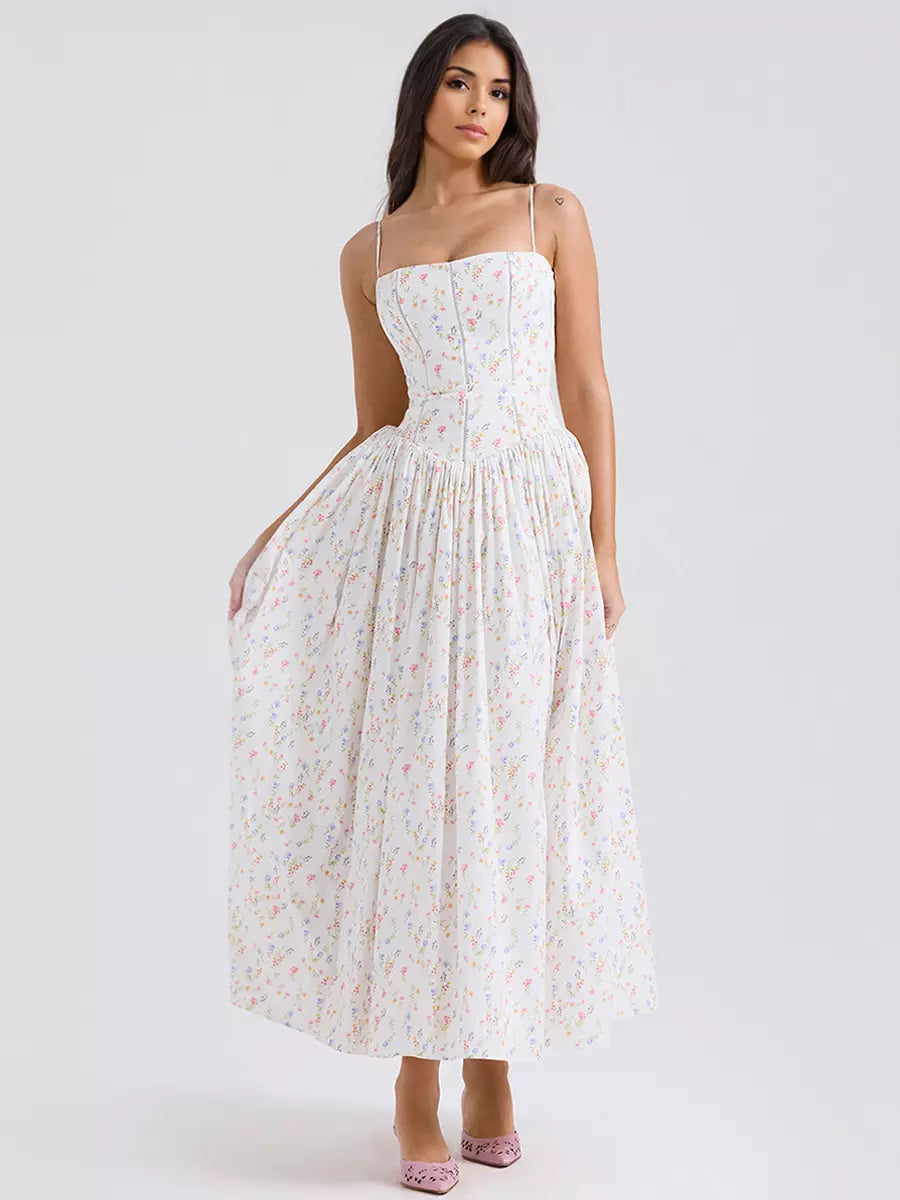 Elegant women's floral corset midi dress. Perfect for parties, evening wear, or wedding guest attire.
