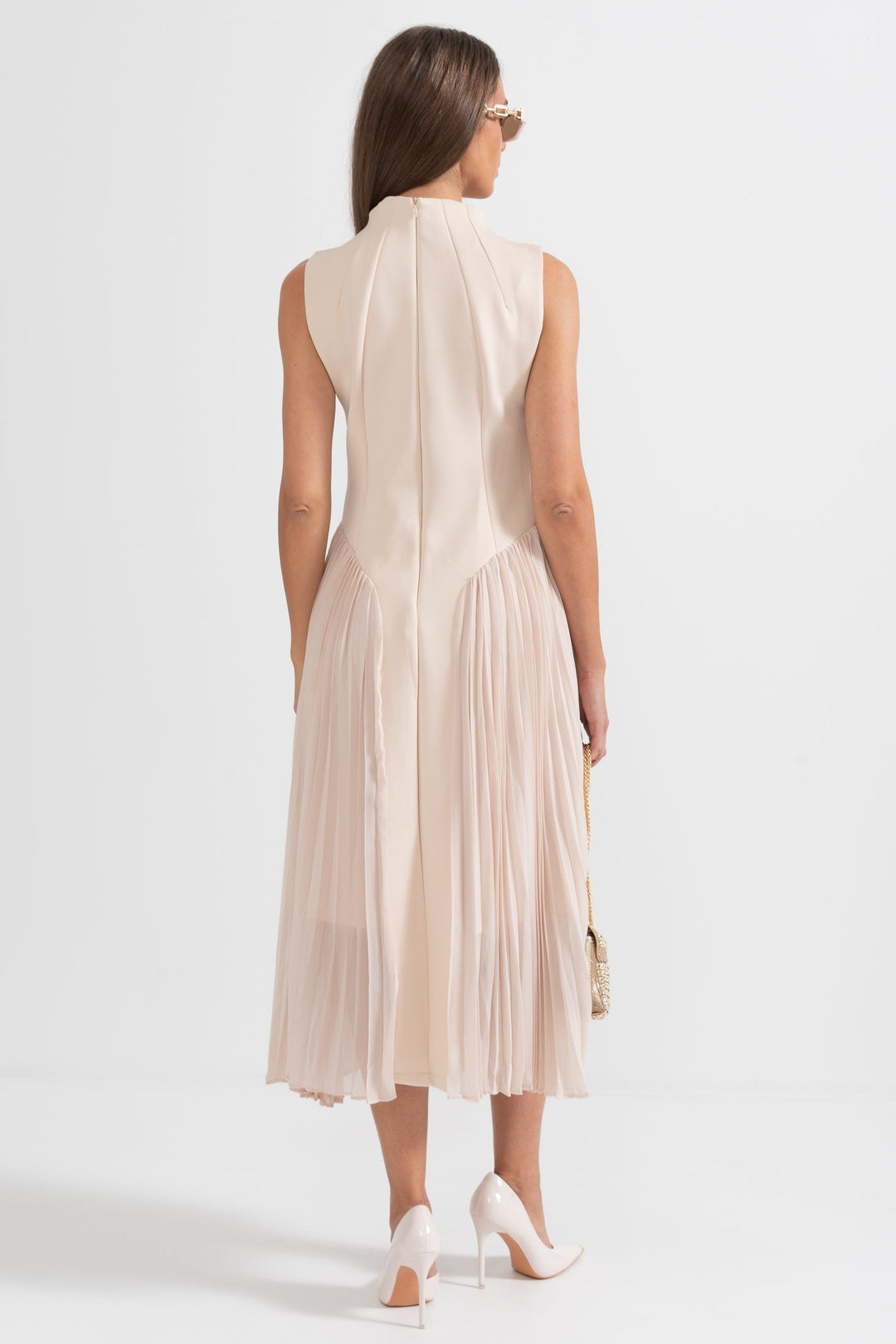 Lightweight beige pleated sleeveless midi dress, a versatile summer dress for cocktails, parties, and formal gatherings.