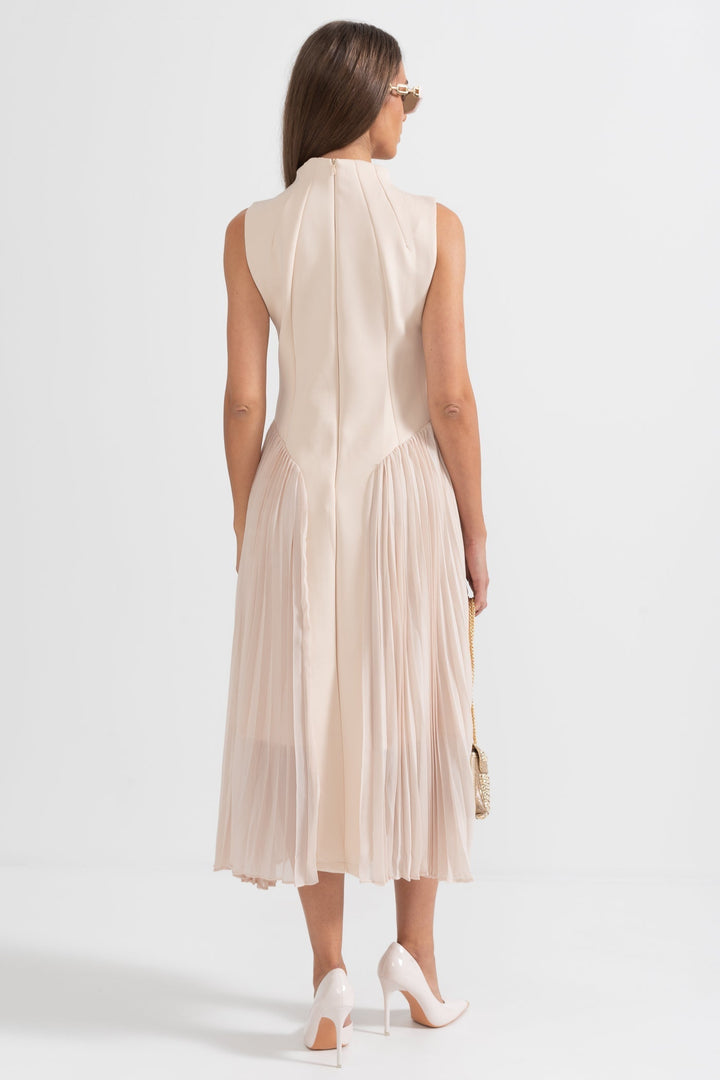 Lightweight beige pleated sleeveless midi dress, a versatile summer dress for cocktails, parties, and formal gatherings.