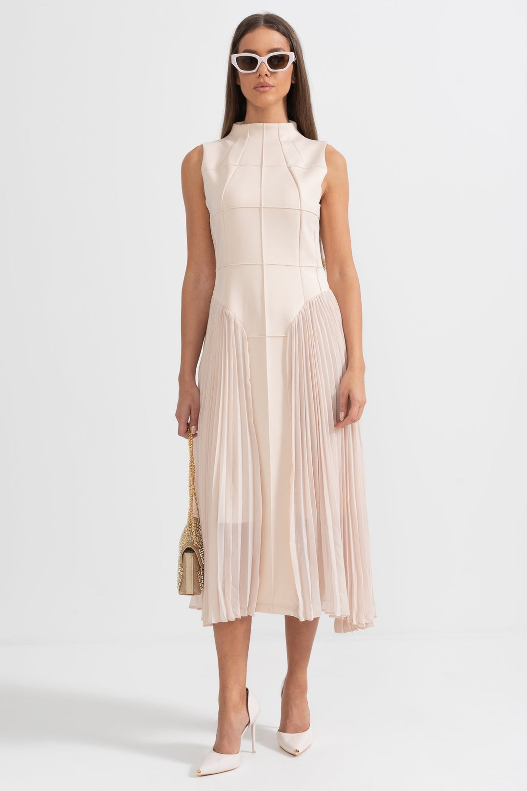 Elegant women's beige pleated sleeveless midi dress, perfect for cocktail parties, weddings, and formal events.