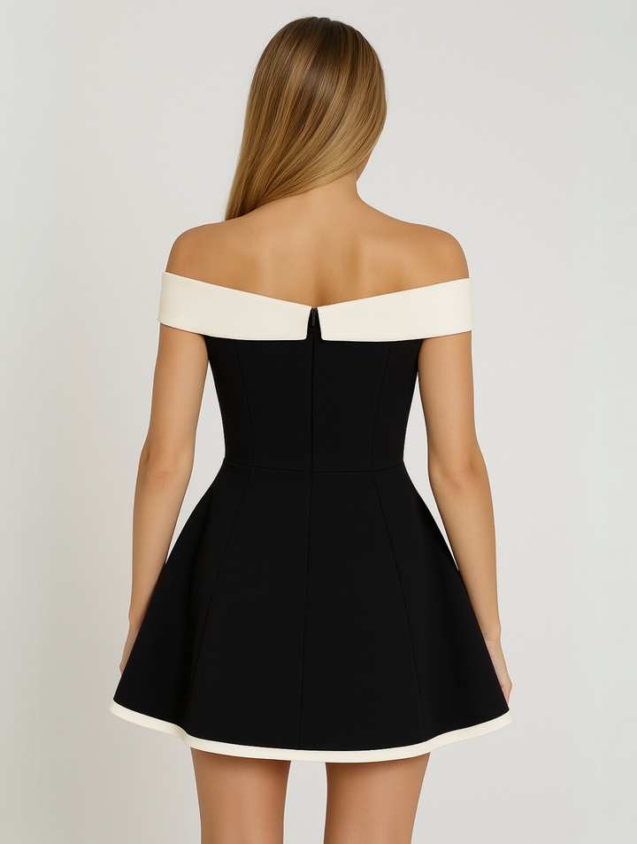 Women's elegant off-shoulder party dress; black mini with a flattering flared skirt for evening events.
