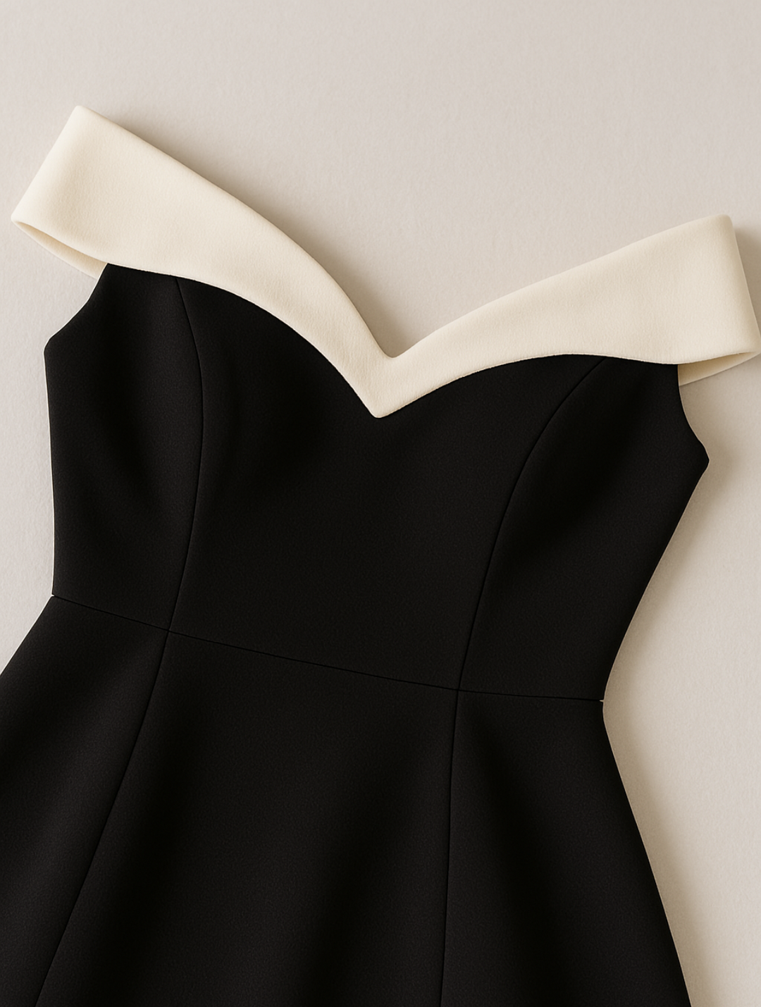 Stylish black off-shoulder cocktail dress with a flowy flared mini skirt, perfect for women's evening wear.