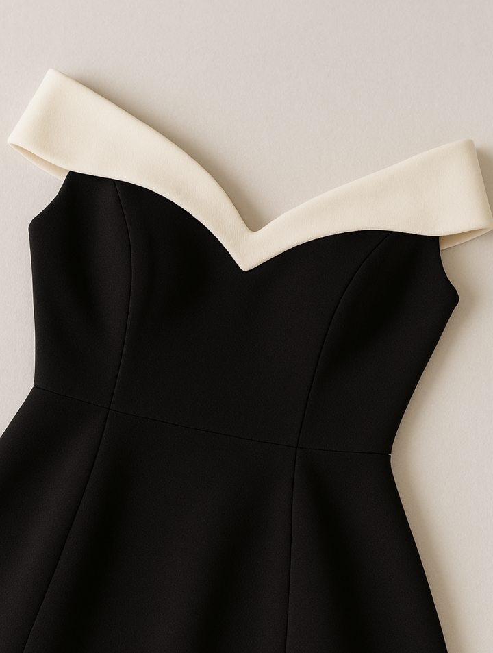 Stylish black off-shoulder cocktail dress with a flowy flared mini skirt, perfect for women's evening wear.