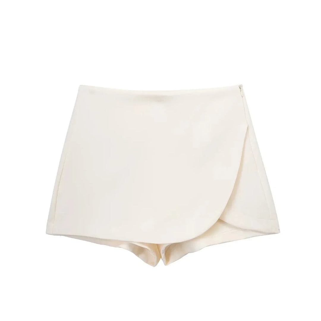 Modern women's high-waist asymmetric mini skirt, offering a stylish and contemporary fashion statement.