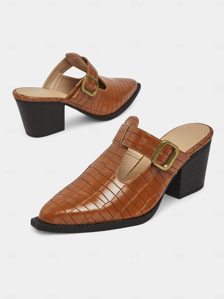 Versatile women's fashion mules. Block heel, cut-out & buckle accents. Ideal for day to night, office or casual.