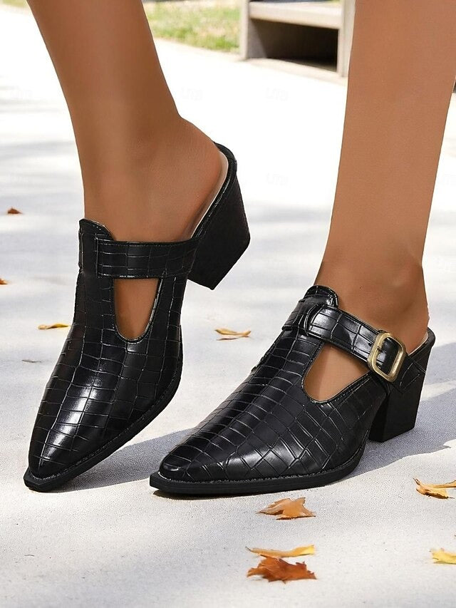 Elegant women's mules: cut-out & buckle design with a stable block heel. Ideal for office, fashion, and casual outfits.