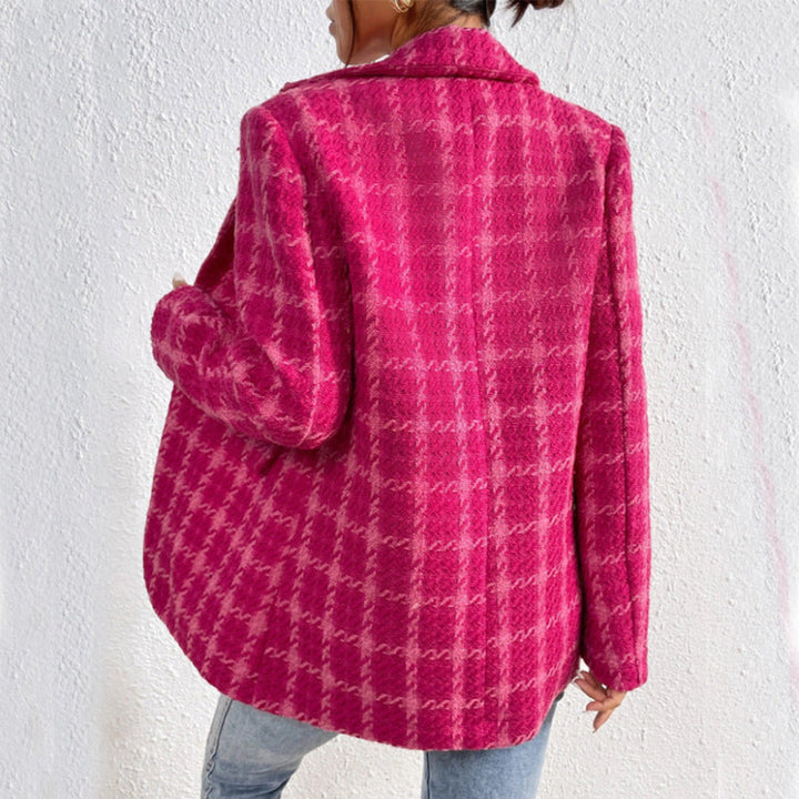 Elegant pink oversized tailored jacket for women, a chic blazer with notched lapel for office fashion & versatile style.