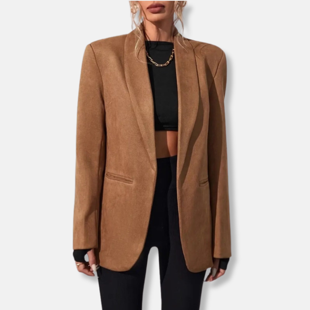 Women's oversized shawl collar blazer, open front style. Elegant and versatile tailored jacket for workwear or casual chic.