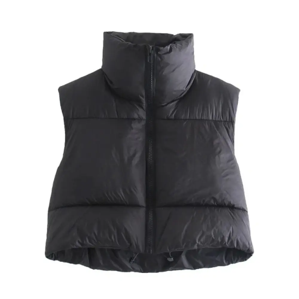 Trendy women's cropped puffer vest, a stylish sleeveless outerwear piece with a stand collar.